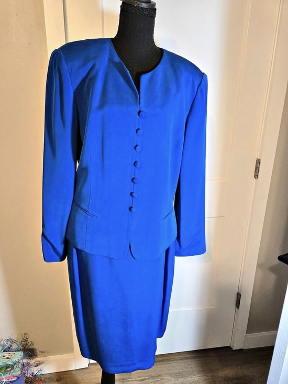Vintage Adrianna Papell Royal Blue 100% Silk Skirt Suit Set Womens Size 10
